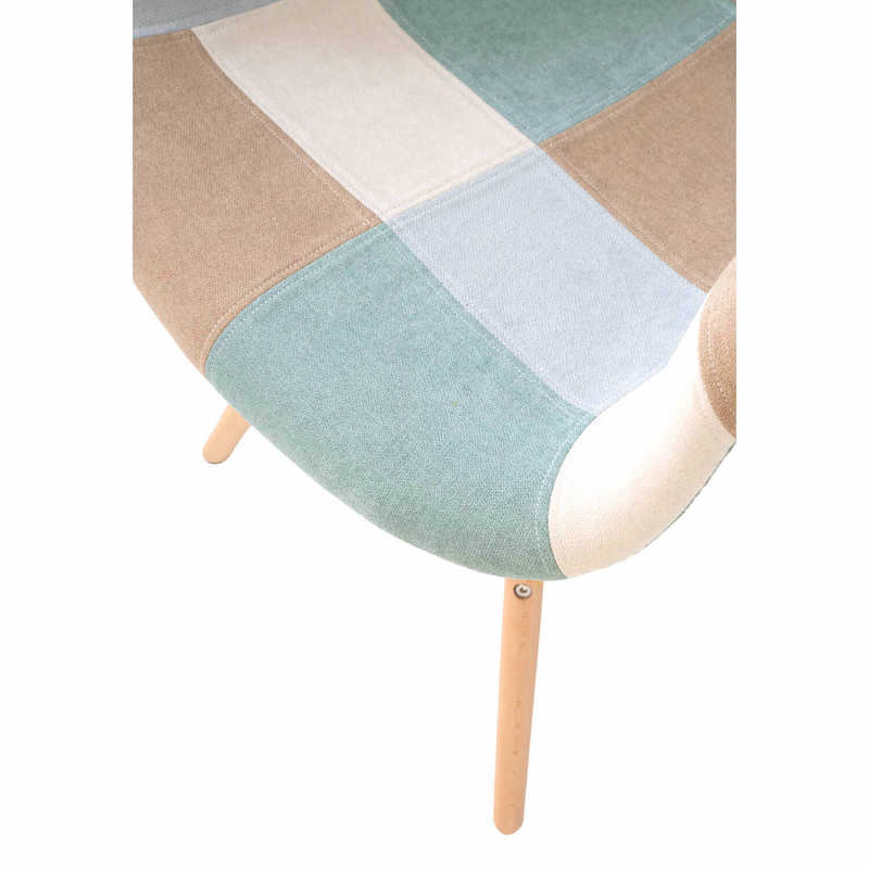 Chaise patchwork bleu tissu et bois SABRI, détail de l'assise