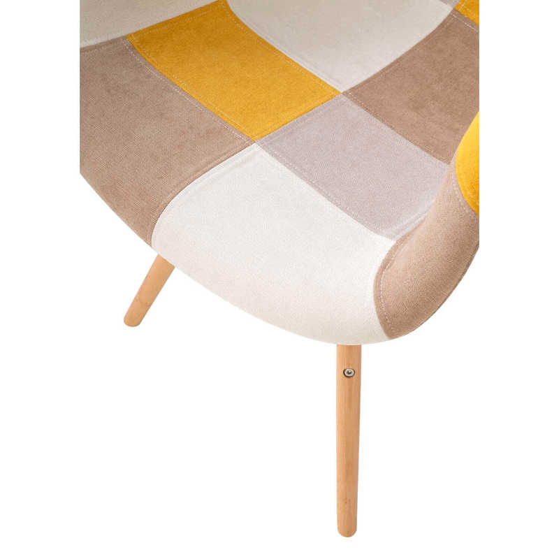 Chaise patchwork moutarde tissu et bois SABRI, détail de l'assise