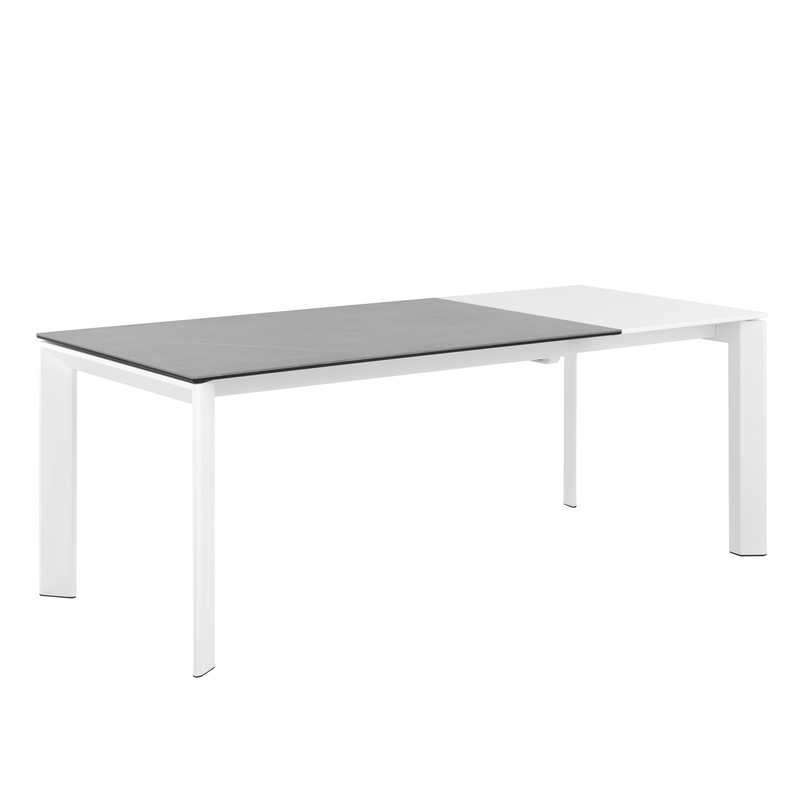Table Extensible en Verre Trempé, en Métal et en Porcelaine plateau gris pieds blancs MONA, vue avec l'extension