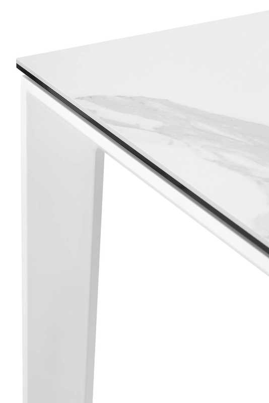 Table Extensible en Verre Trempé, en Métal et en Porcelaine plateau marbre pieds blancs MONA, détail du plateau