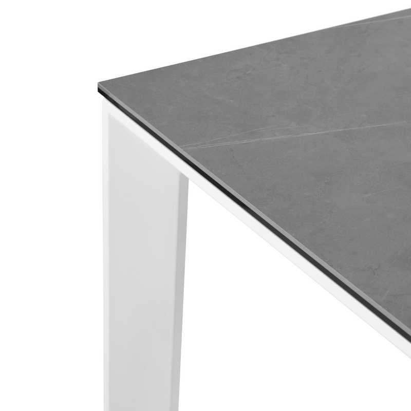 Table Extensible en Verre Trempé, en Métal et en Porcelaine plateau gris pieds blancs MONA, détail du plateau
